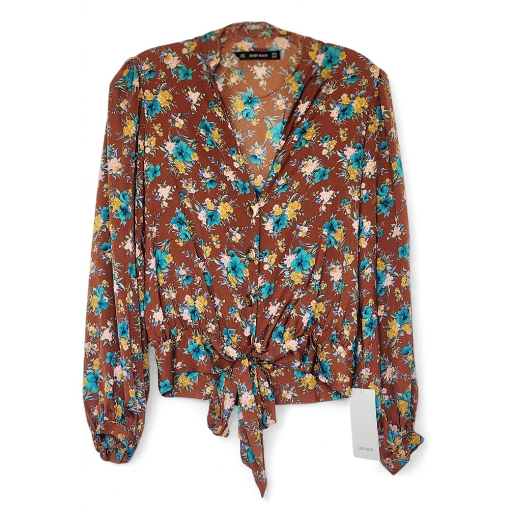 Zara Brown Floral Button Down Blouse Shirt Women's Size S NEW
